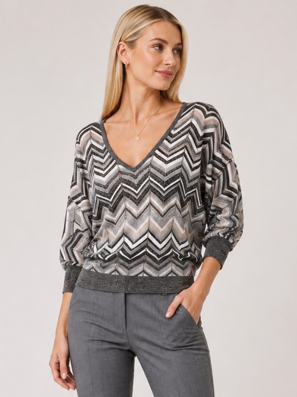 White House Black market V Neck Chevron metallic Knit Sweater top Gray XS
